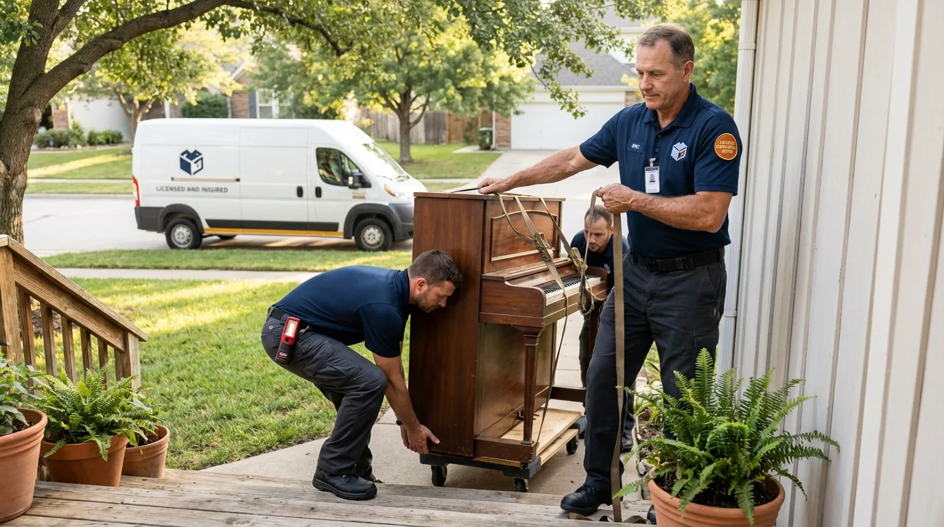Licensed piano movers securing grand piano in Clementon, NJ