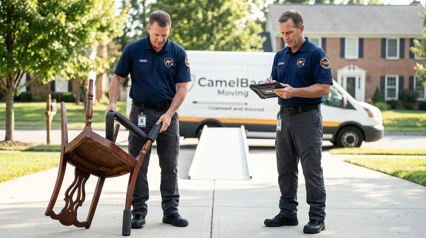 Movers inspecting furniture for damage prevention before loading in Clementon, NJ